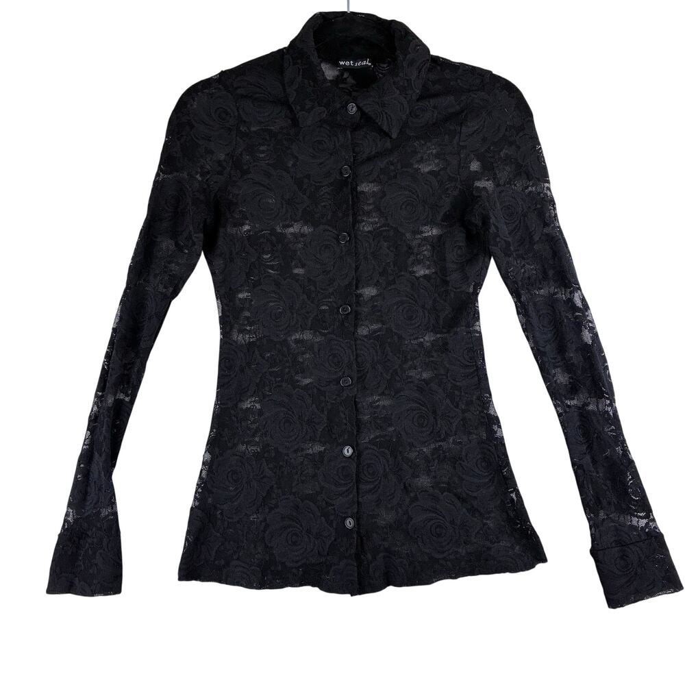 Vintage Y2K Wet Seal Black Lace Long Sleeve Button Up Goth Romantic SEE HOLE